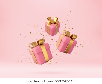 3d pink gift boxes with golden ribbon and bow and gold sequins confetti. Birthday celebration concept. Merry New Year and Merry Christmas gift boxes with golden bows. 3d rendering. Vector illustration