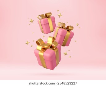 3d caixas de presente rosa com fita dourada e arco. Conceito de celebração de aniversário. Feliz Ano Novo e Feliz Natal caixas de presente rosa com arcos dourados. renderização 3d. Ilustração vetorial