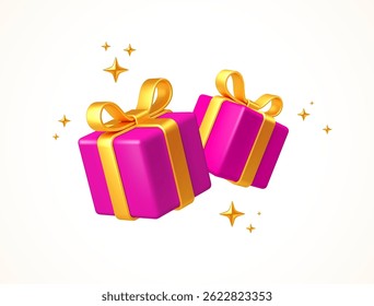Cajas de regalo rosadas 3d con cinta dorada y arco – Arte vectorial festivo con destellos