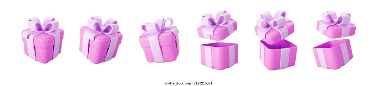 3d pink gift boxes open and closed set with pastel ribbon bow isolated on a white background. 3d render flying modern holiday surprise box. Realistic vector icon for birthday or wedding banners