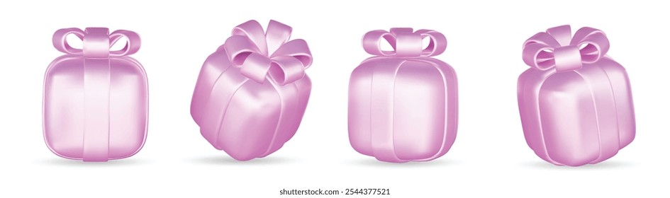 3d pink gift boxes set with ribbon bow isolated on a white background. 3d render flying modern holiday closed surprise box.