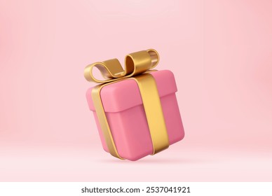 3d pink gifts box with golden ribbon. Holiday decoration presents. Festive gift surprise. 3d rendering. Vector illustration