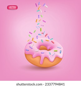 3d pink glazed donut with falling sprinkles. Realistic illustration on a colored background. Vector design.