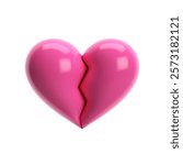3D pink glossy broken heart with a sharp crack in center. Isolated vector symbolizing heartbreak, sadness, emotional pain. Perfect for Valentine's Day, love, breakup designs, posters, social media