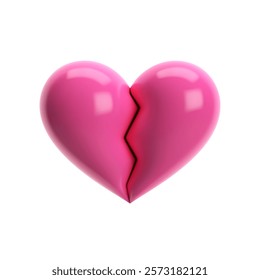 3D pink glossy broken heart with a sharp crack in center. Isolated vector symbolizing heartbreak, sadness, emotional pain. Perfect for Valentine's Day, love, breakup designs, posters, social media