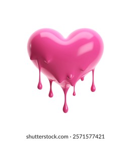 3D pink glossy heart with dripping and melting liquid effect, molten plastic. Isolated vector on white background. Ideal for Valentine's Day, love, wedding, and romantic designs 