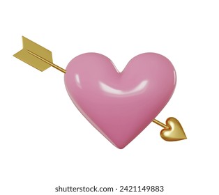 3D pink glossy heart with golden arrow. Symbol of love. Valentines day card. Realistic 3d isolated on grey background. Vector illustration
