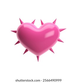 3D pink glossy heart icon with spikes and sharp thorns. Isolated vector illustration for edgy love, romance, Valentine's Day  holiday decor. Suitable for cards, banners, posters, social media design