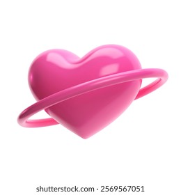 3D pink glossy heart with a ring orbiting it. Isolated vector illustration for Valentine's Day, love, romance, wedding, and holiday. Ideal for cards, banners, posters, and social media