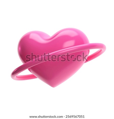 3D pink glossy heart with a ring orbiting it. Isolated vector illustration for Valentine's Day, love, romance, wedding, and holiday. Ideal for cards, banners, posters, and social media