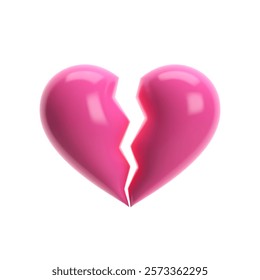 3D pink glossy heart split in two with sharp crack. Isolated vector symbolizing heartbreak, love loss, and pain. Perfect for Valentine’s Day, breakup, conflict designs, posters, cards, social media