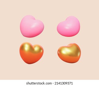 Collection de jouets en forme de coeur rose et doré 3d sous différents angles. Isolé sur fond jaune clair. Idéal pour la Saint-Valentin ou tout autre décor de vacances.