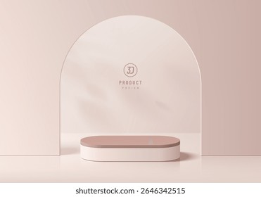 3D pink gold podium background in arch gate with natural light behind. Abstract geometric composition minimalist design. Studio display showroom product pedestal, Fashion stage showcases mockup scene.