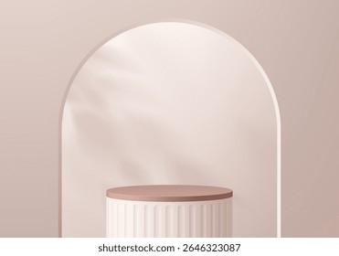 3D pink gold round podium background in arch gate with natural lighting. Abstract geometric composition minimalist design. Studio display showroom product pedestal, Fashion stage showcase mockup scene