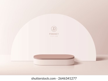 3D pink gold round podium background with semi-circle backdrop. Abstract geometric composition minimalist design. 3D Studio display showroom product pedestal, Fashion stage showcase mockup wall scene.