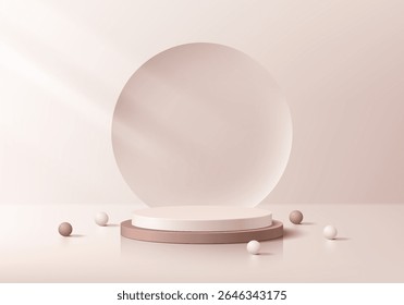 3D pink gold round podium background with circle backdrop, Sphere ball. Abstract geometric composition minimalist design. Studio display showroom product pedestal, Fashion stage showcases mockup scene