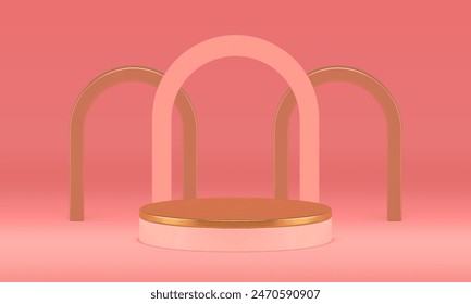 3d pink golden podium pedestal with arch wall background for presentation realistic vector illustration. Trendy pastel feminine display geometric stage mock up for beauty cosmetic product show