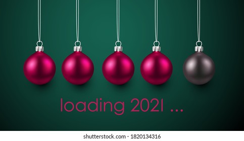 3d pink and grey metallic christmas tree toys hanging on threads. Pink loading 2021 sign on green background. Vector holiday illustration.