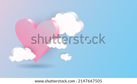 3D pink heart and clouds. White geometric shapes in blue sky, web internet symbol, meteorology climate, decorative backdrop, horizontal poster or banner with copy space, vector isolated background