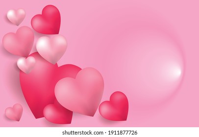 3d pink heart flying on pink and sweet background. Vector symbols of love for Happy Valentine's Day,  greeting card design.
