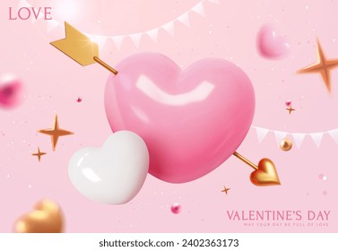 3D pink heart with golden arrow on light pink background with hearts and festive decors.