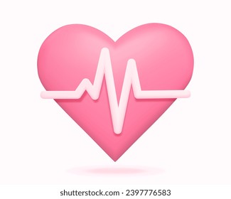 3 d Corazón rosado con línea de pulso. Golpe de corazón. Emergencia, asistencia cardiaca, vida, concepto de ícono de atención médica. Ilustración vectorial en estilo de caricatura