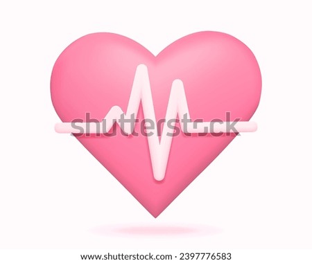 3d Pink heart with pulse line. Heart beat. Emergency, cardiac assistance, life, medical healthcare icon concept. Vector illustration in cartoon style