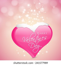 3D pink heart shape with snow on shiny background for Happy Valentine's Day celebrations.