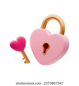 3D pink heart shaped lock and golden key with heart on top. Closed Heart padlock love icon. Realistic wedding concept, valentines day symbol, Romantic Protection, Safety Security sign on white