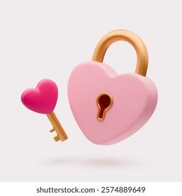 3D pink heart shaped lock and golden key with heart on top. Closed Heart padlock love icon. Realistic wedding concept, valentines day symbol, Romantic Protection, Safety Security sign on white