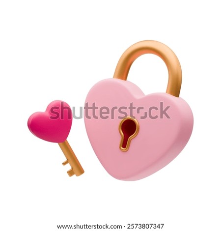 3D pink heart shaped lock and golden key with heart on top. Closed Heart padlock love icon. Realistic wedding concept, valentines day symbol, Romantic Protection, Safety Security sign on white