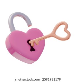 3D Pink Heart Shaped Padlock and Golden Key. Love symbol, romantic concept. Realistic vector illustration. 3D rendering icon