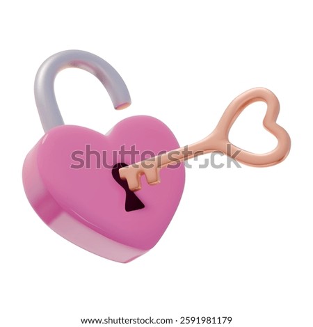 3D Pink Heart Shaped Padlock and Golden Key. Love symbol, romantic concept. Realistic vector illustration. 3D rendering icon