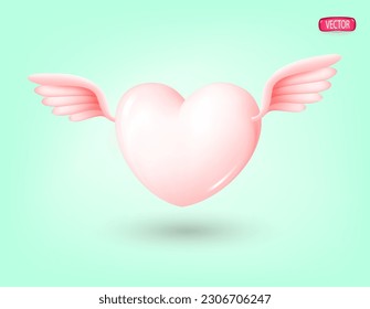 3.d corazón rosado con alas. Artículo decorativo festivo para el Día de San Valentín, al estilo de dibujos de plástico. Ilustración vectorial.