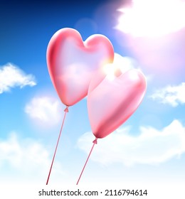3d pink hearts balloon couple on blue sky with clouds background. Valentine's day. Vector illustration.