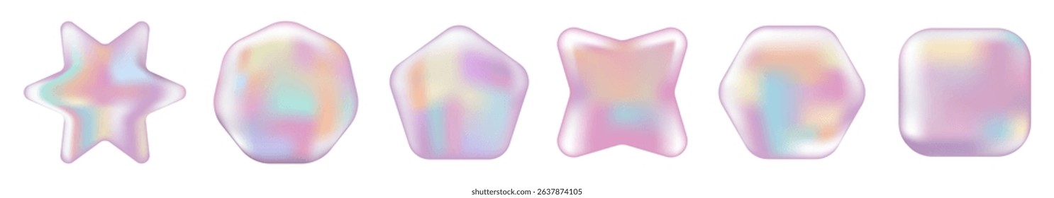 3D Pink Hologram Mockup set: stickers, labels, stamps with different shapes. Chrome abstract badge, certificate and coupon in Y2K style isolated on White background.