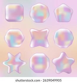3D Pink Hologram Mockup set: stickers, labels, stamps with different shapes. Abstract Chrome badge, certificate and coupon in Y2K style on Gradient background.