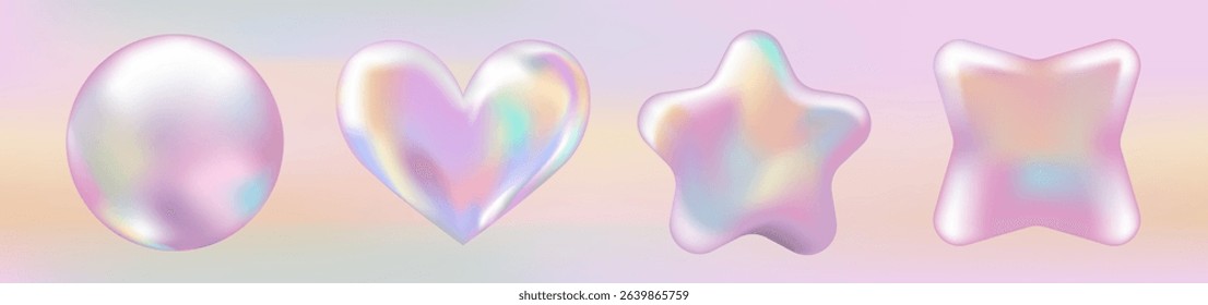 3D Pink Hologram Mockup set: stickers, labels, stamps with different shapes. Chrome abstract badge, certificate and coupon in Y2K style on Gradient background.