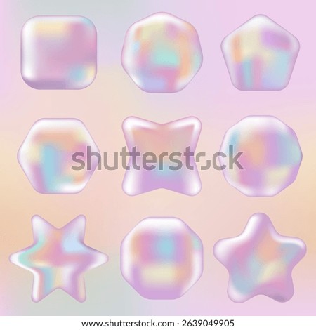 3D Pink Hologram Mockup set: stickers, labels, stamps with different shapes. Abstract Chrome badge, certificate and coupon in Y2K style on Gradient background.