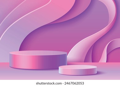 3d pink hologram podium background. Abstract cosmetic product platform bg. Holographic gradient cylinder pedestal in studio room with wave flow on wall. Premium bright modern realistic sward showcase