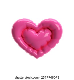 3D pink inflated, puffy heart shape with a glossy, balloon like texture on white background. Y2K aesthetic and Valentine's Day concept for romantic, trendy, love themed design