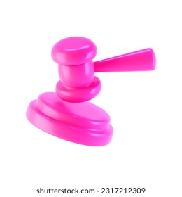 3d pink judge gavel icon isolated on white background. Render of auction hammer and concept of law and judgment. 3d cartoon simple vector illustration