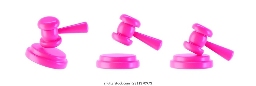 Iconos de gavel de juez rosado aislados en fondo blanco. Entrega de martillo de subasta y concepto de derecho y juicio. 3.ª ilustración vectorial simple de dibujos animados