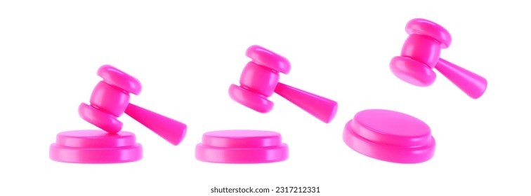 Iconos de gavel de juez rosado aislados en fondo blanco. Entrega de martillo de subasta y concepto de derecho y juicio. 3.ª ilustración vectorial simple de dibujos animados