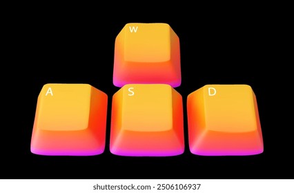 3D pink keyboard button. Vector illustration of a yellow gaming keyboard on a white isolated background. Wasd icon, game design. 3D render Interface icon.