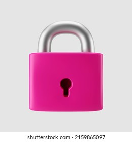 3d pink locked padlock icon isolated on gray background. Render minimal closed padlock with a keyhole. Confidentiality and security concept. 3d cartoon simple vector illustration