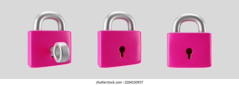 Icono de candado bloqueado de 3d rosa con llave aislada en fondo gris. Haga que el candado cerrado sea mínimo con un agujero de cerradura. Concepto de confidencialidad y seguridad. 3.ª ilustración vectorial simple de dibujos animados