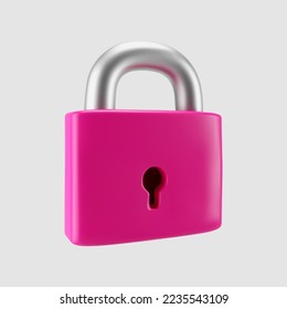 3d pink locked padlock icon isolated on gray background. Render minimal closed padlock with a keyhole. Confidentiality and security concept. 3d cartoon simple vector illustration