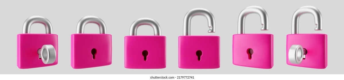 3d pink locked and unlocked padlock icon set with key isolated on gray background. Render minimal padlock with a keyhole. Confidentiality and security concept. 3d cartoon simple vector illustration