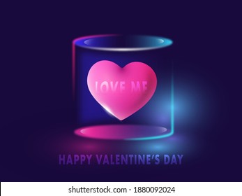 3D Pink Love Me Heart Inside Glass Box On Blue Background For Happy Valentine's Day Concept.